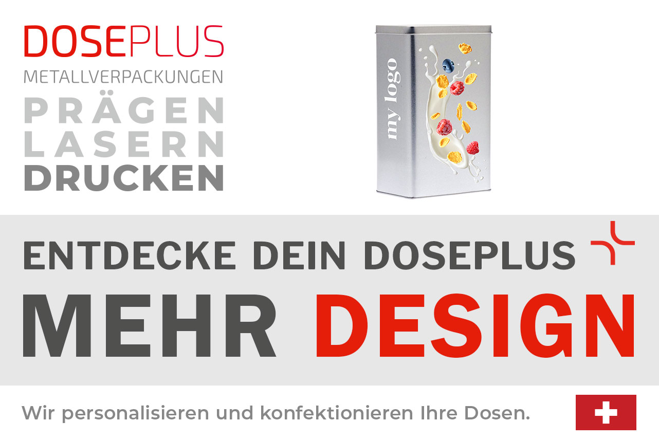 Rechteckige Scharnierdeckeldose aus Metall DSE 12.8.20 – Banner: Entdecke dein Doseplus – Mehr Design. Edle Vorratsdose für personalisierte Gestaltung und modernes Design.