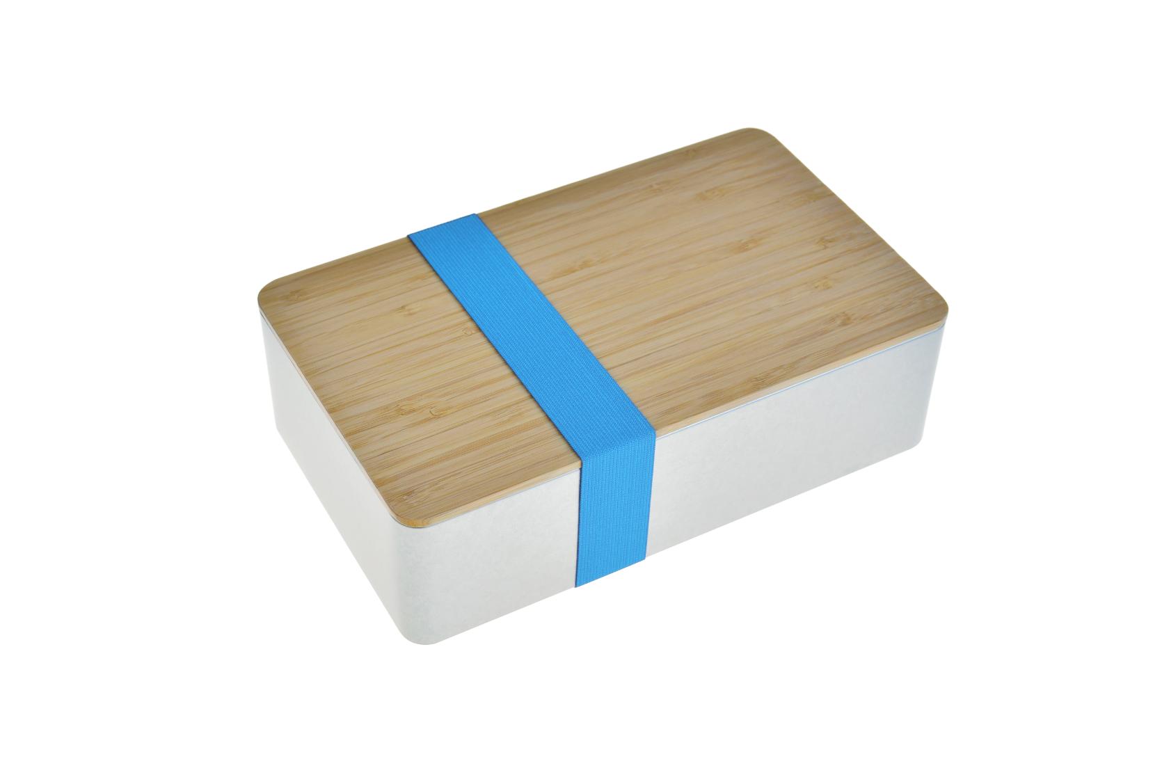 Rechteckige Metalldose mit Bambusdeckel und hellblauem Gummiband – Doseplus DSE 31F.