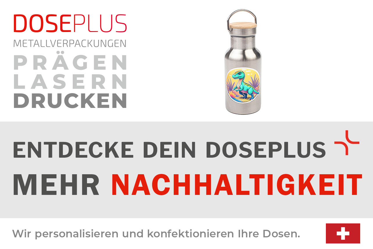 Edelstahl-Trinkflasche von Doseplus mit Branding – Bannertext: „Entdecke dein Doseplus – mehr Nachhaltigkeit“. Hinweis auf personalisierte Veredelung wie Druck, Gravur und Prägung.
