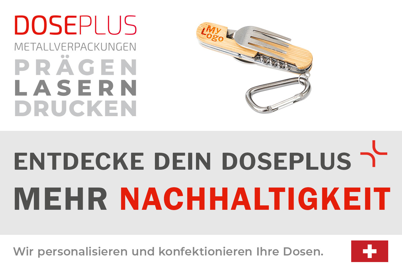 Edelstahl-Trinkflasche TFL 030 mit Buchenholzdeckel auf weißem Hintergrund; daneben Hinweisgrafik zur Gravur und Druckmöglichkeiten von Doseplus; Bannertext: „Entdecke dein Doseplus – mehr Veredelung“.