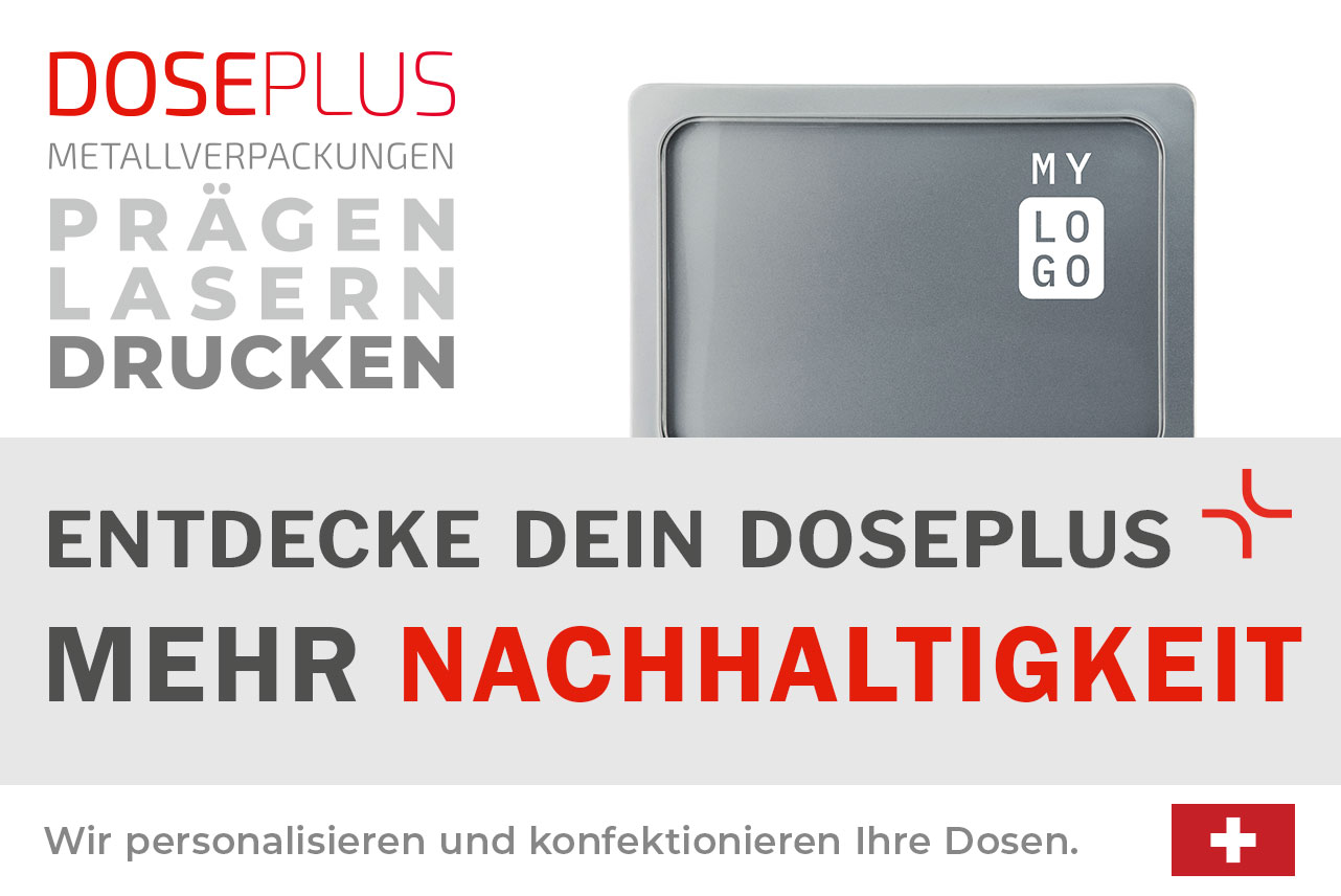 Doseplus graue rechteckige Metalldose mit schlichter Gravur „MY LOGO“. Text: „Metallverpackungen prägen, lasern, drucken – Entdecke dein Doseplus, mehr Nachhaltigkeit“.