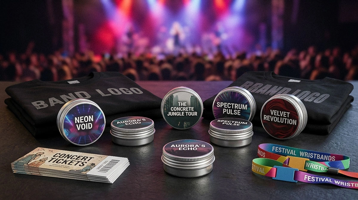 Mehrere silberfarbene Aluminiumdosen mit individuell bedruckten Deckeln auf einem Tisch vor einer Konzertbühne, umgeben von T-Shirts, Eintrittskarten und Festivalarmbändern