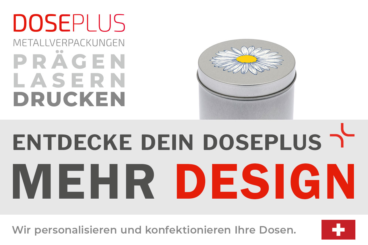 Doseplus runde silberne Metalldose mit farbigem Druck einer weißen Margerite auf dem Deckel. Text: „Metallverpackungen prägen, lasern, drucken – Entdecke dein Doseplus, mehr Design“.