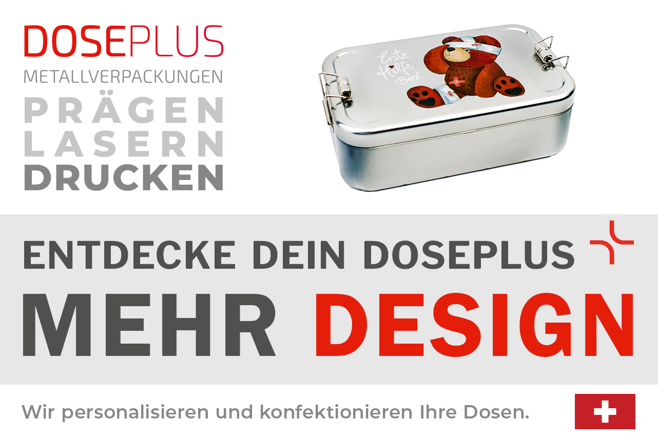 Doseplus Lunchbox Classic Maxi aus Metall – Bannertext: Entdecke dein Doseplus, mehr Design. Personalisierte Metallverpackungen mit Prägung, Gravur und Druck.