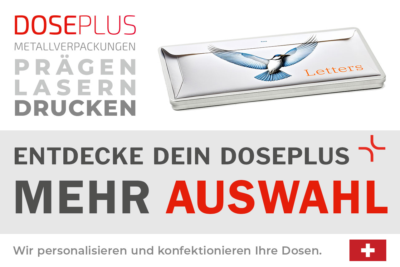 Doseplus flache rechteckige Metalldose im Format DIN lang mit Druck eines fliegenden Vogels und Schriftzug „Letters“. Text: „Metallverpackungen prägen, lasern, drucken – Entdecke dein Doseplus, mehr Auswahl“.