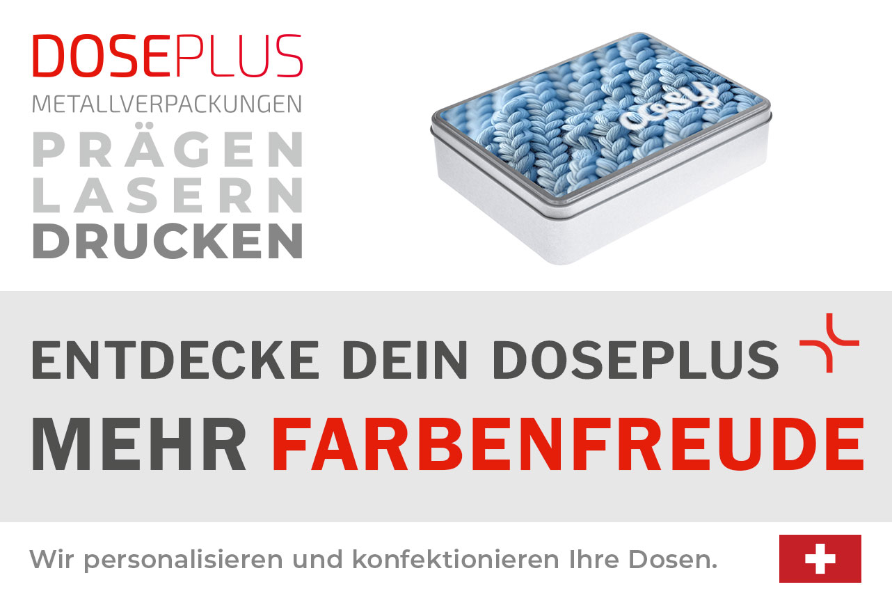 Doseplus eckige Blechdose – Bannertext: Entdecke dein Doseplus, mehr Farbenfreude. Hochwertige Metalldose mit farbenfrohem Druck, Gravur und Prägung für individuelle Designs.