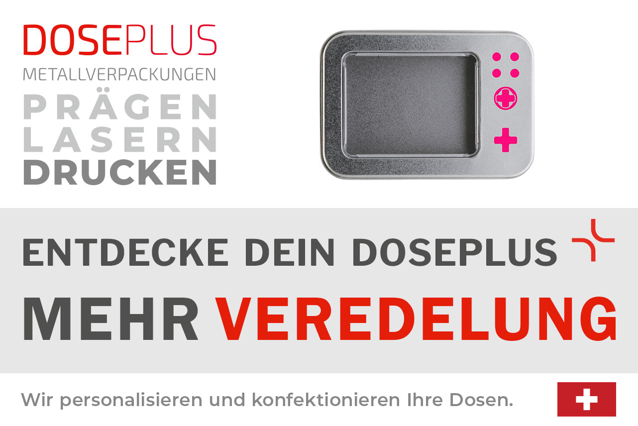 Doseplus SD-Karten-Dose mit Sichtfenster – Bannertext: Entdecke dein Doseplus, mehr Veredelung. Hochwertige Metalldose mit Lasergravur, Prägung und Druck für exklusive Präsentationen.