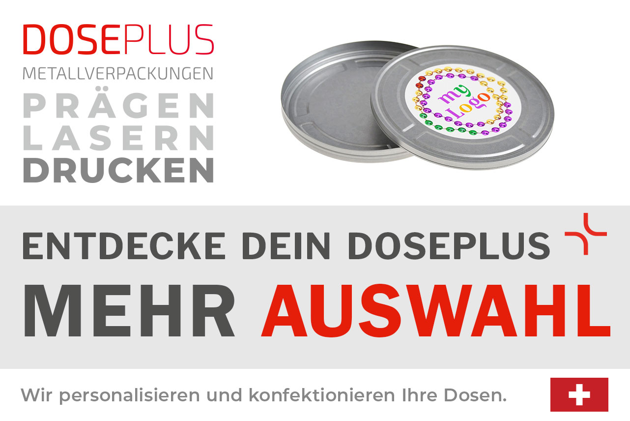 Runde Metall-Erinnerungsdose FD 020 von Doseplus, veredelbar mit Druck, Gravur und Prägung. Bannertext: „Entdecke dein Doseplus – mehr Auswahl“. Ideal für personalisierte Verpackungslösungen.
