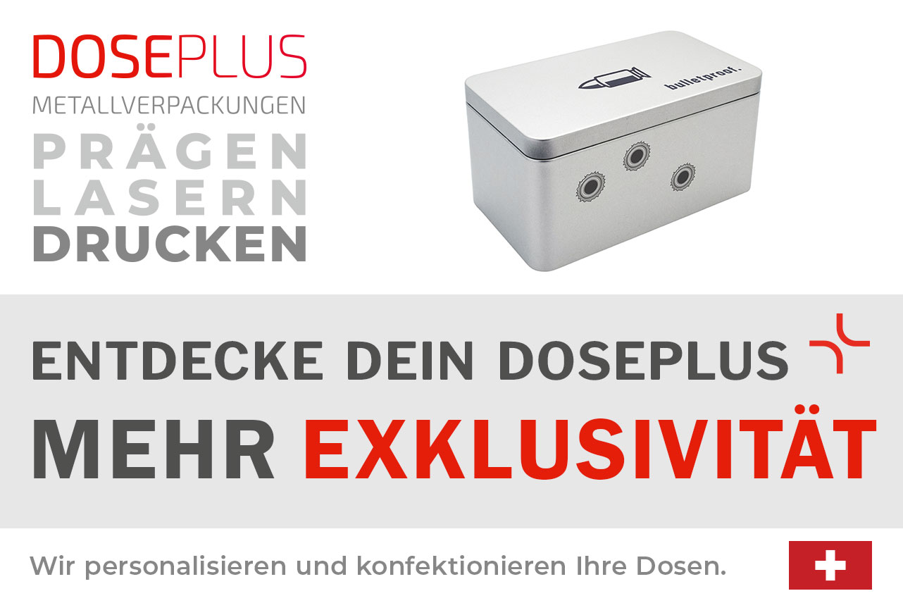 Doseplus silberne rechteckige Metalldose mit schwarzem Aufdruck einer Patrone und der Aufschrift „bulletproof.“ sowie drei grafischen Einschusslöchern. Text: „Metallverpackungen prägen, lasern, drucken – Entdecke dein Doseplus, mehr Exklusivität“.