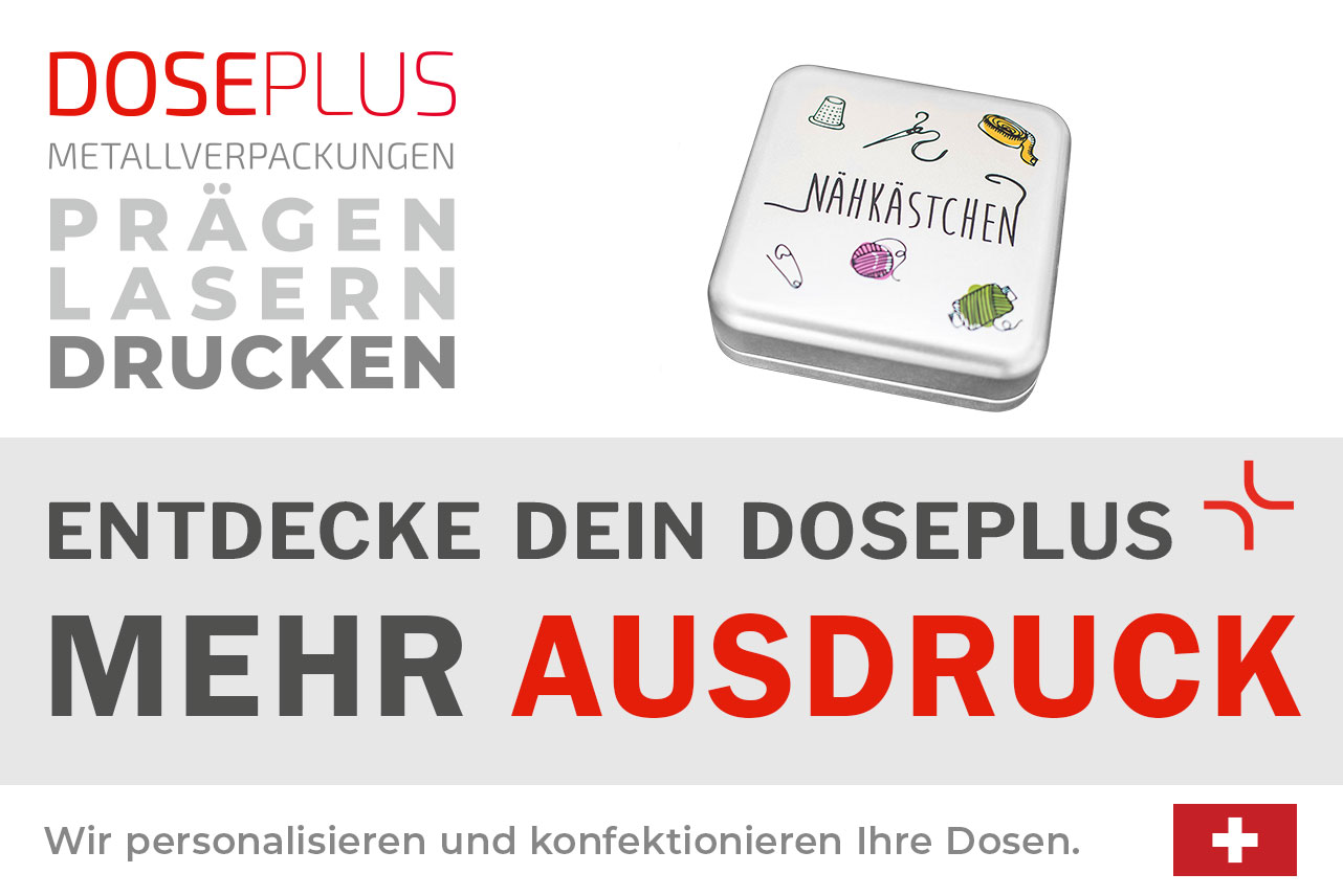 Doseplus quadratische Weißblechdose – Bannertext: Entdecke dein Doseplus, mehr Ausdruck. Personalisierte Metalldosen mit Prägung, Gravur und Druck.