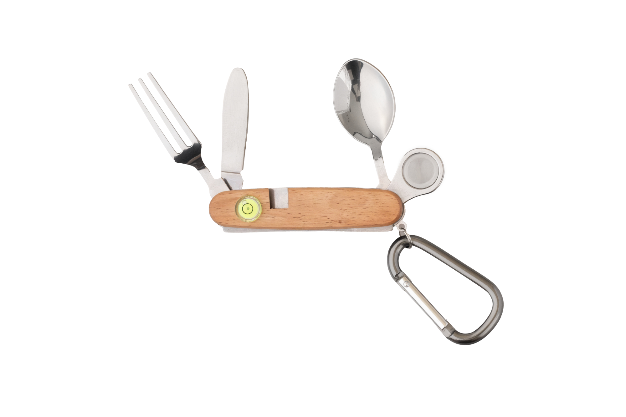 Praktisches Kinder-Campingbesteck mit natürlichem Holzgriff, bestehend aus Messer, Gabel und Löffel aus Metall. Das kompakte Besteckset verfügt über einen Karabiner zur einfachen Befestigung und eine integrierte Wasserwaage.