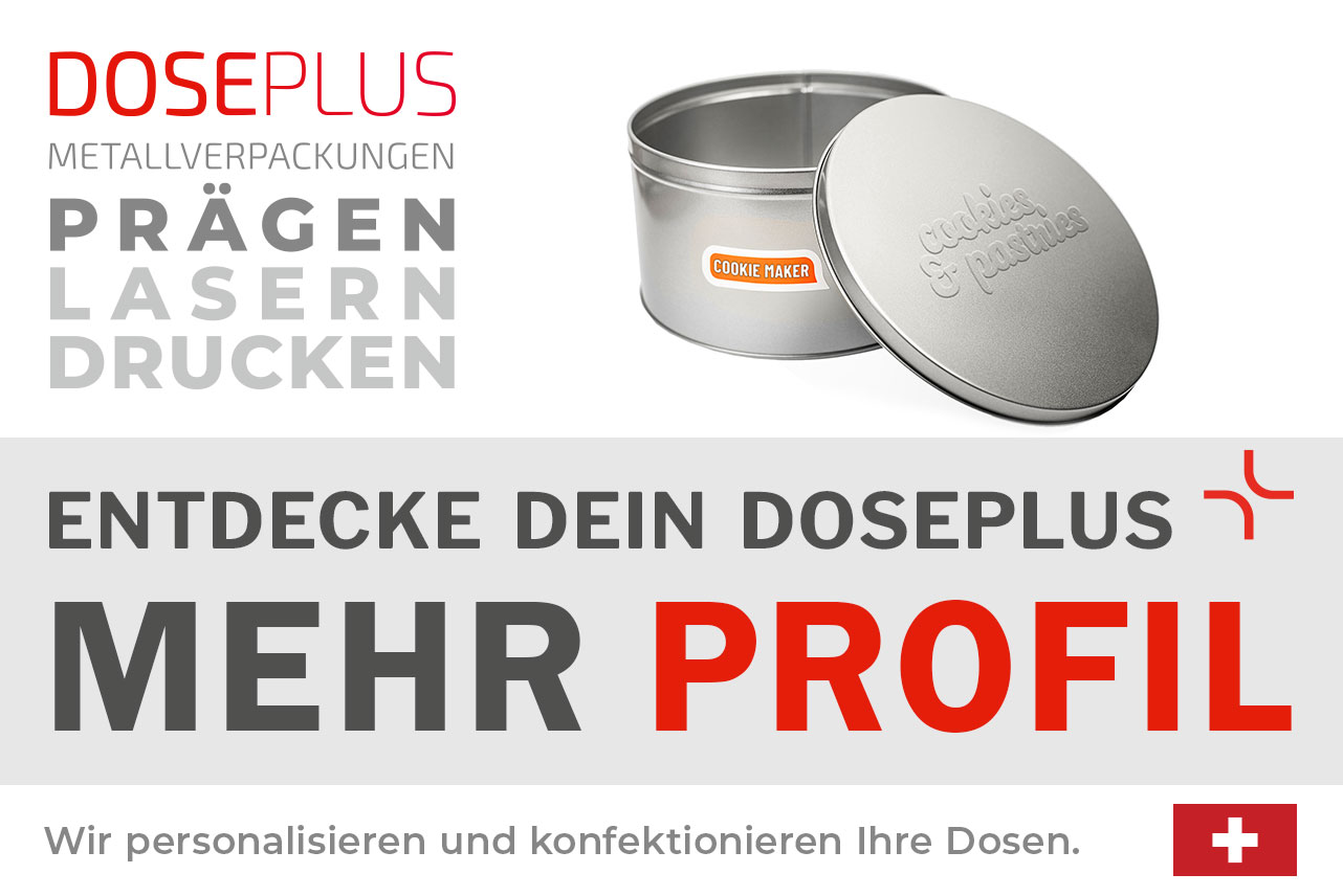 Doseplus runde silberne Metalldose mit geprägtem Schriftzug „cookies & pastries“ und Aufkleber „COOKIE MAKER“. Text: „Metallverpackungen prägen, lasern, drucken – Entdecke dein Doseplus, mehr Profil“.