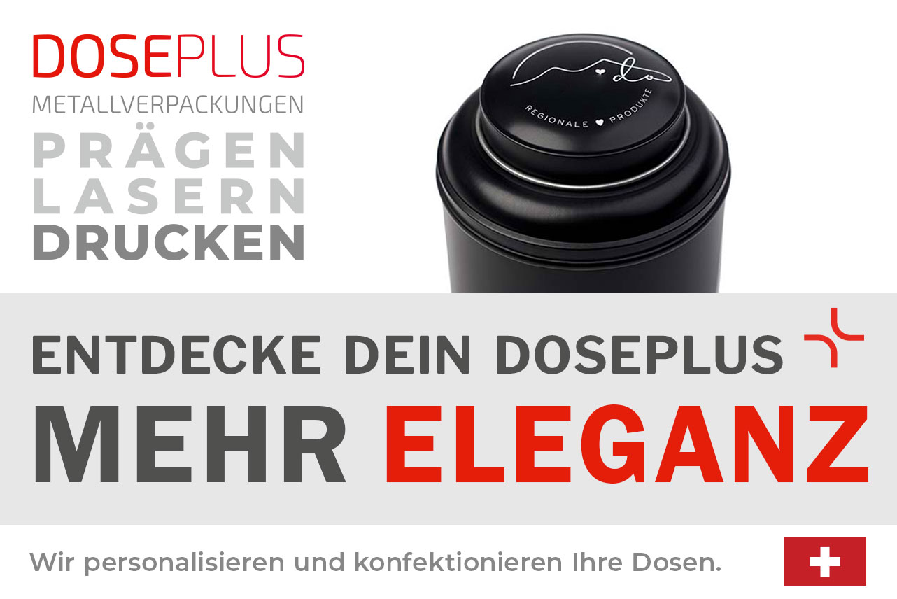 Doseplus schwarze Metalldose mit elegantem Deckelmotiv in Weiß, feinem Linien-Design und Schriftzug „Regionale Produkte“. Text: „Metallverpackungen prägen, lasern, drucken – Entdecke dein Doseplus, mehr Eleganz“.