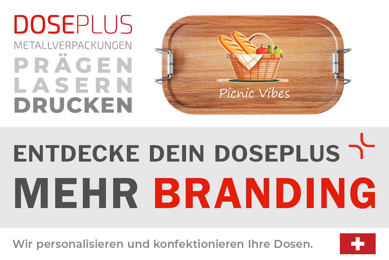 Rechteckige Edelstahl-Lunchbox CP BU C6 mit Bambusdeckel – Banner: Entdecke dein Doseplus – Mehr Branding. Perfekt geeignet für individuelle Gravuren, Logos und Veredelung.