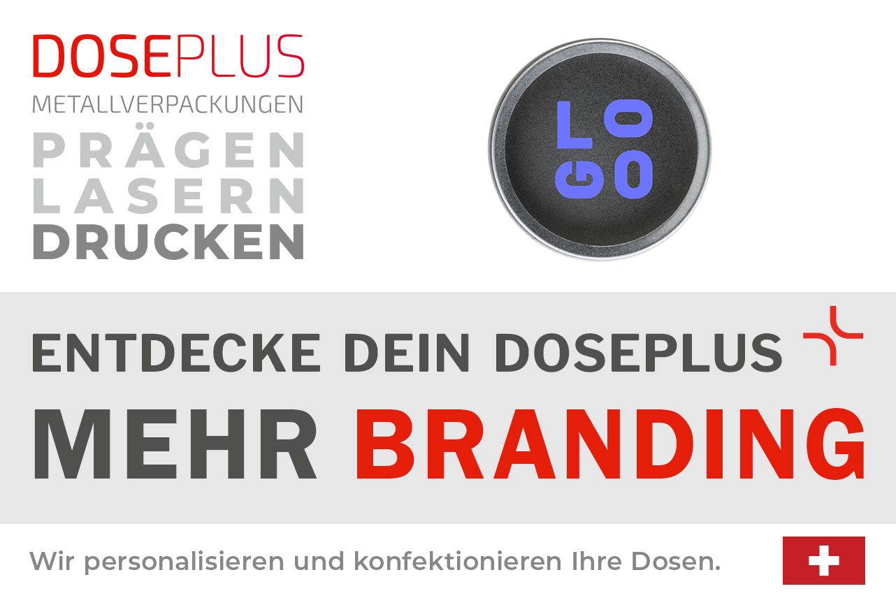 Doseplus runde Schraubdeckeldose mit Sichtfenster – Bannertext: Entdecke dein Doseplus, mehr Branding. Hochwertige Metalldose mit Druck, Gravur und Prägung für personalisierte Markenverpackungen.