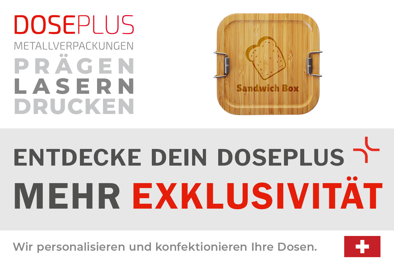 Rechteckige Bambus-Lunchbox CP BA Q1 von Doseplus mit individualisierbarer Gravur- und Druckfläche. Bannertext: „Entdecke dein Doseplus – mehr Exklusivität“. Ideal für personalisierte Werbeartikel und Firmenpräsente.